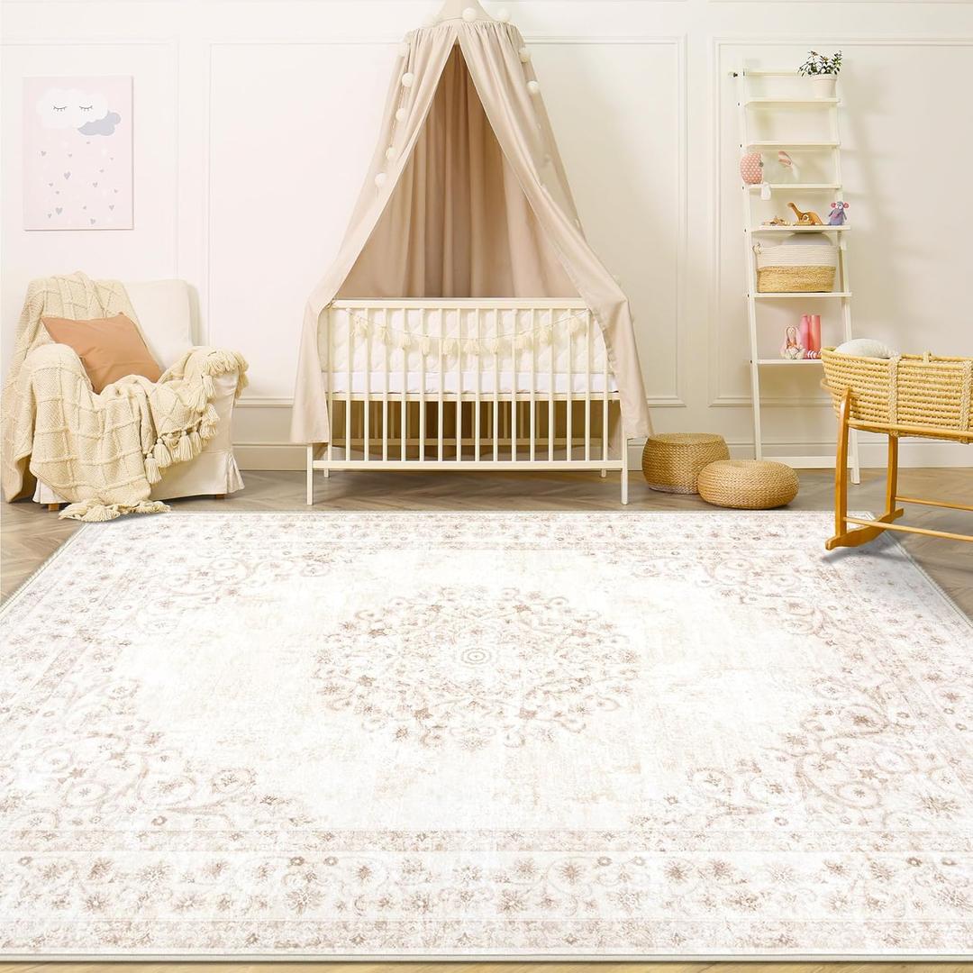 Area Rug 4x6 Vintage Rug: Washable Indoor Medallion Rugs Low Pile Distressed Floor Carpet Retro Accent Rug for Living Room Bedroom Kitchen Dining Table Home Office(Distressed Beige, 4'x6')