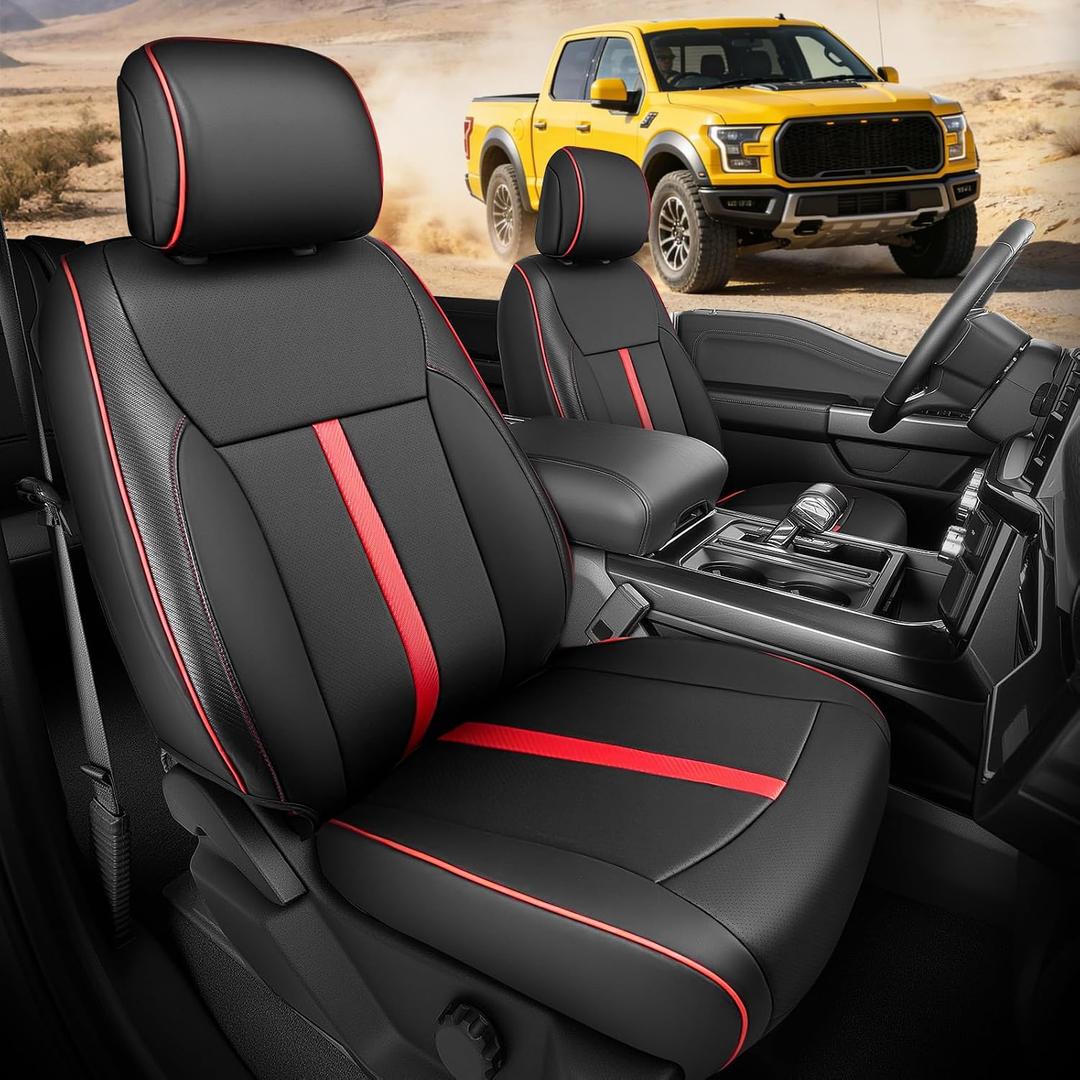 Faux Leather Front Seat Covers for Ford F150 2015–2025 2026 (XL, XLT, Not Regular Cab), Exact Fit 1st Row Bucket Seat Protectors,Truck Interior Accessories for F-150 Black/Red