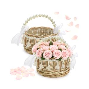 Set of 2 Small Flower Girl Basket, Rattan Wedding Wicker Basket with Pearl Handle, Ribbon Bow, Silk Petals, Rustic Boho Handwoven Gift Baskets for Confetti, Garden Decor, Picnic