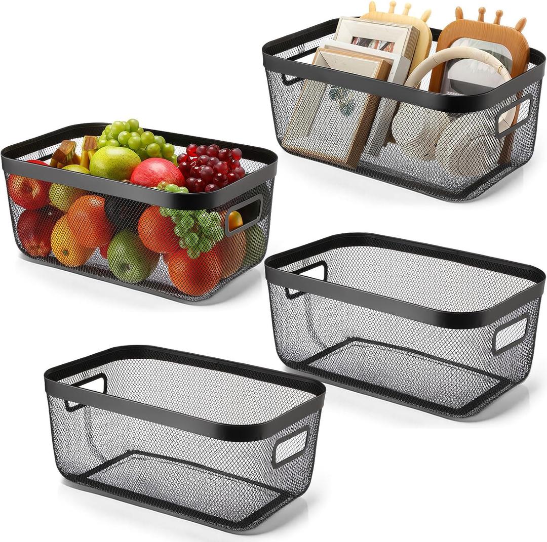 4 Pack Metal Mesh Basket with Hollow Handles Black Wire Storage Bin for Organizing Stackable Metal Fine Mesh Basket for Pantry Bathroom Kitchen Cabinets Shelves (X-Large)