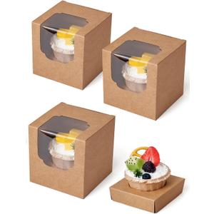 Happyhiram Cupcake Boxes 50 Pcs Brown Kraft Individual Cupcake Box, Single Container Paper Holder with Insert and Window for Muffins Cocoa Bombs Packaging Togo Boxes for Birthdays Party Favor