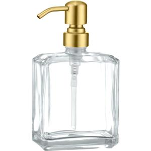 Clear Glass Soap Dispenser with Brushed Gold Pump, 13.5 OZ Liquid Soap Dispenser Square with Stainless Steel Pump with Waterproof Labels for Dish Hand Soap Bathroom Kitchen Vanity Countertop