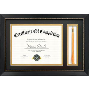 11x16.5 Diploma Frame with Tassel Holder for 8.5x11 Certificate Document, Black Diploma Frame with Real Glass, Black Over Gold Double Mats, Display 8.5x11 diploma and One Tassel