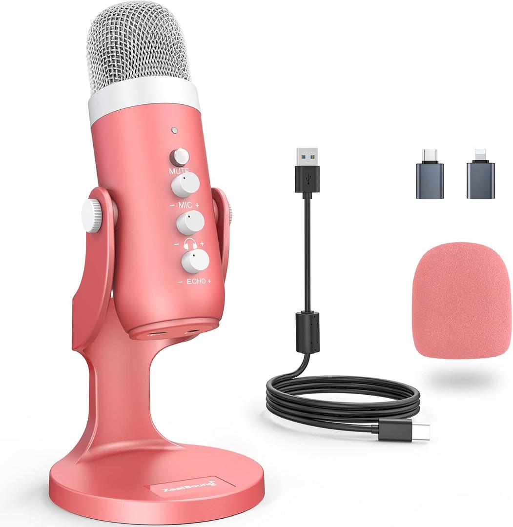 ZealSound Gaming USB Pink Microphone with Quick Mute for Phone, Computer PC PS5, Studio Mic with Gain Control, Echo&Monitor Volume Adjust for Streaming, Vocal Recording ASMR Podcast Video K66