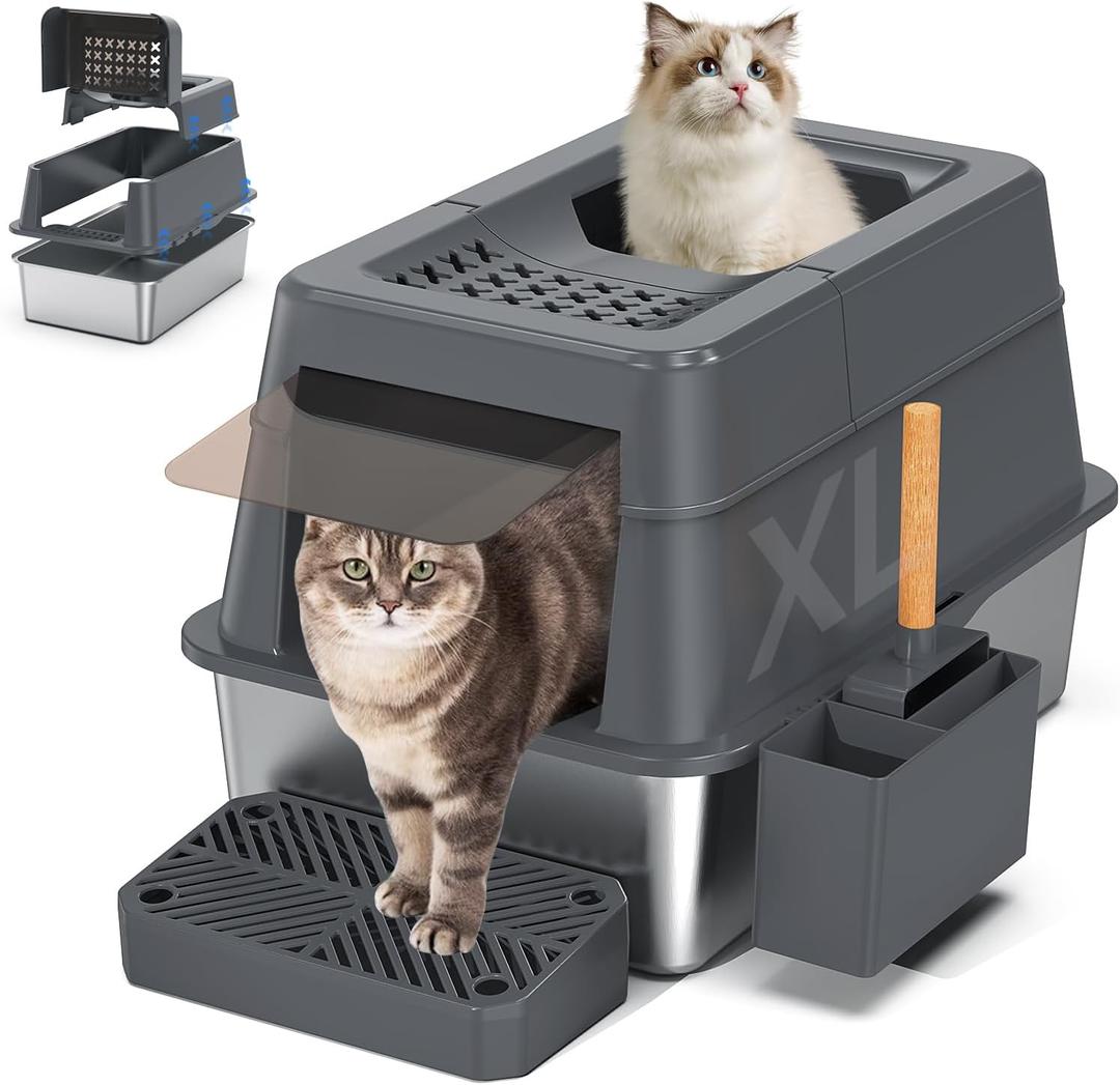 Aphyxen Stainless Steel Litter Box with Lid, XL Extra Large Enclosed Cat Litter Box Fits All Cats Modular Design with Flip Cover, Top Entry Metal High Sided Cat Box & Pedal & Scoop (Dark Grey)