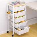 Rolling Cart with Drawers, Rolling Storage Cart with 5 Large Plastic Drawers & Wooden Tabletop, Utility Cart with Pegboards & Basket, Storage Drawers Cart for Living Room, Classroom, Bedroom, Office (White)
