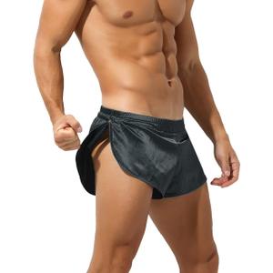Rexcyril Men's Boxer Jockstrap Sexy Underwear, Silky Satin Split Side Gym Running Active Shorts, Black, X-Large