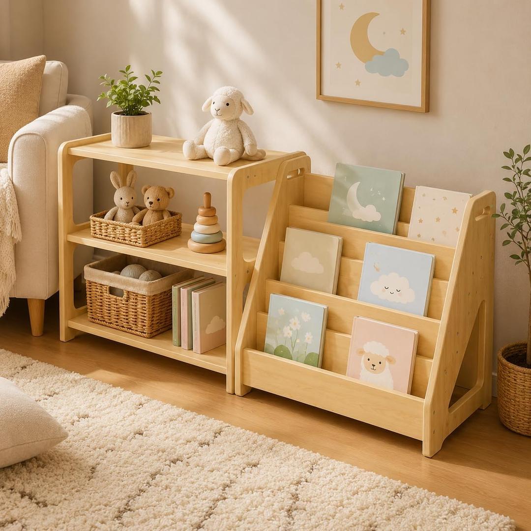 Montessori Kids Shelf and Book Display Rack 2 Piece Wooden Storage Station, 13.78"D x 47.24"W x 23.62"H