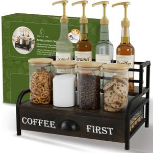 Coffee Syrup Rack Organizer 3-Tier Coffee Bar Stand for Countertop, Rustic Wood & Metal Bottle Display Shelf with Coffee Pod Drawer, Wine Rack, Liquor Display Shelf for Home Coffee Station