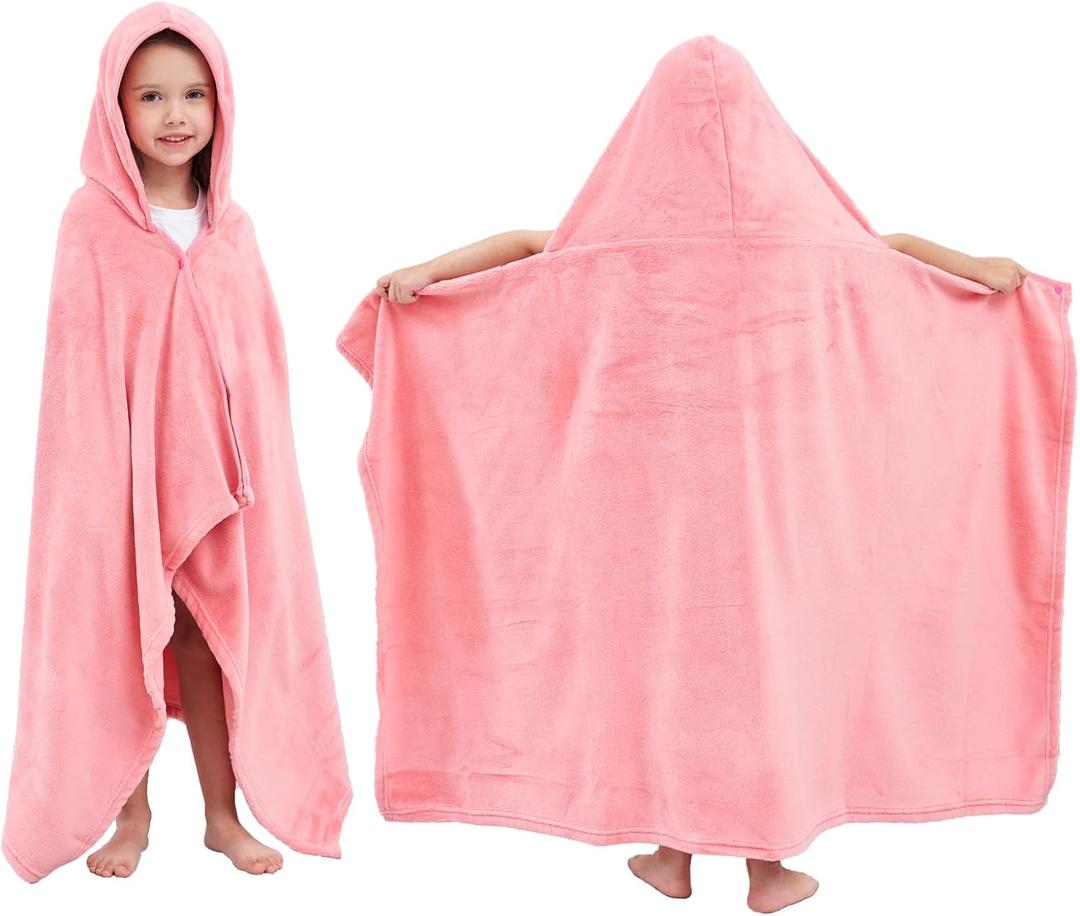 Hiturbo Kids Hooded Bath Towel: Soft Plush Pool Beach Fleece Towel Blanket - 50"x30" Toddler Towels Wrap for Boys Girls 3-12 Years (Pink)