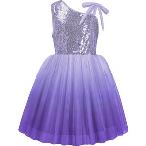 LQSZ Sequin Dress for Girls,Tutu One Shoulder Summer Dresses,Sparkly Dress for 3-12 Years (Purple, S)