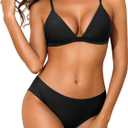 Yonique Women Two Piece Triangle Bikini Set Bathing Suit Sexy Swimsuit Full Coverage Bottom (Small, Black)