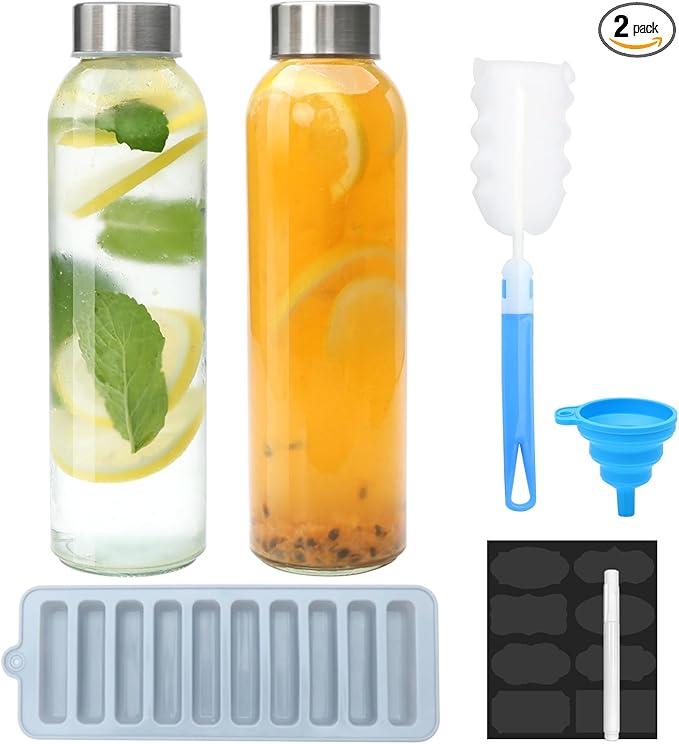 Brajttt Glass Juice Bottle with Lids,16oz Juicing Bottles Reusable, Clear Glass Water Bottles 16 oz with Stainless Steel Airtight Cap,Juice Beverage Container, Leak Proof，Set of 2