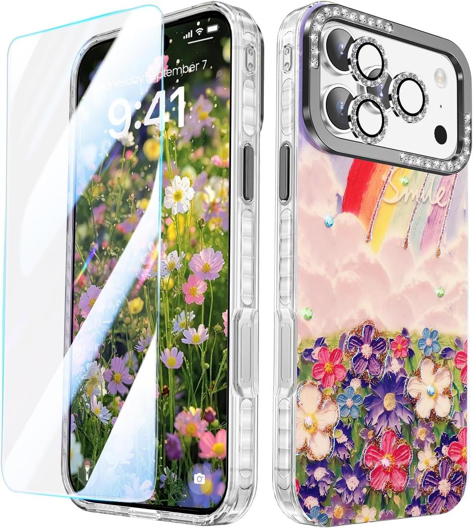 MATEPROX Compatible with iPhone 17 Pro Max Case 6.9''[2025],Oil Painting Printed Rainbow Flowers Clouds Laser Glossy Pattern, Durable Protective Stylish Cute Exquisite Phone Cover for Girls Women