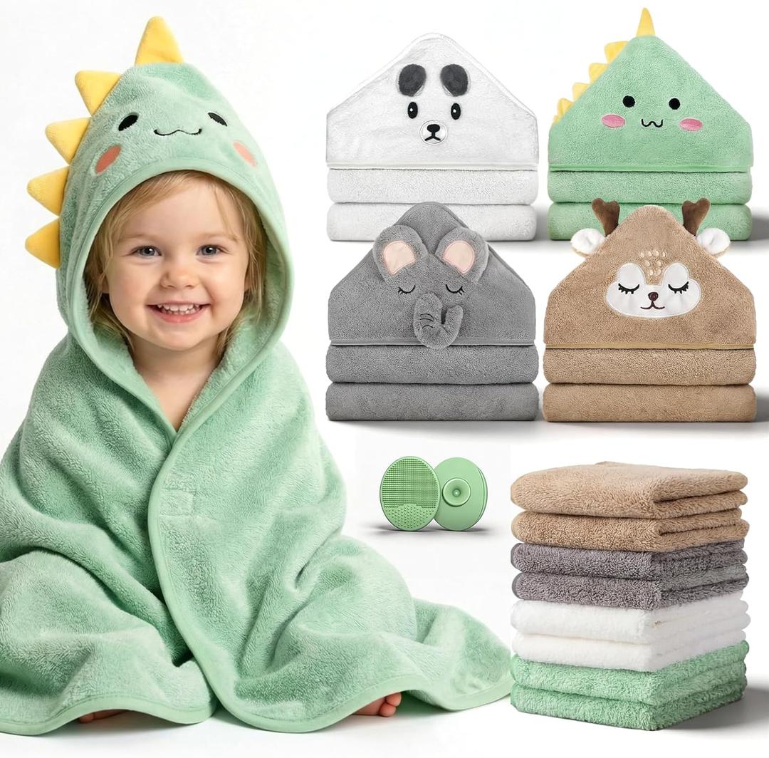 14-Piece Baby Bath Towels Set with 4 PCS Hooded Baby Towels, 8 PCS Washcloths & 2PCS Bath Brush for Infants & Toddlers, Ultra Absorbent Newborn Bath Essentials Gift for Boys & Girls