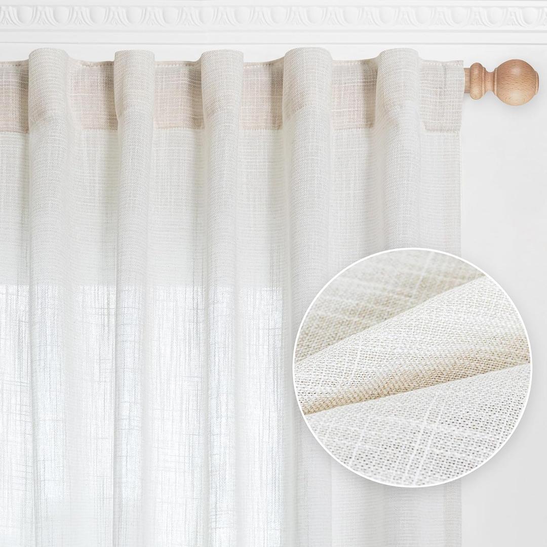 MYSKY HOME Natural Linen White Curtains 84 Inches Long, Semi Sheer Soft Cotton Window Drapes Set for Living Room Back Tab Elegant Cute Look Country Bedroom Curtains, 50" x 84", Beige, Pack-2