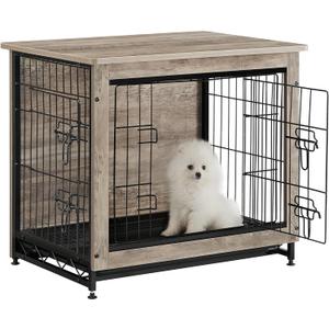 Feandrea 27.2" Dog Crate Furniture, Indoor Dog Cage Side End Table, M Pet Wood Kennel for Medium and Small Dogs up to 30 lb with Multi-Purpose Removable Tray, Double-Door Pet House, Greige