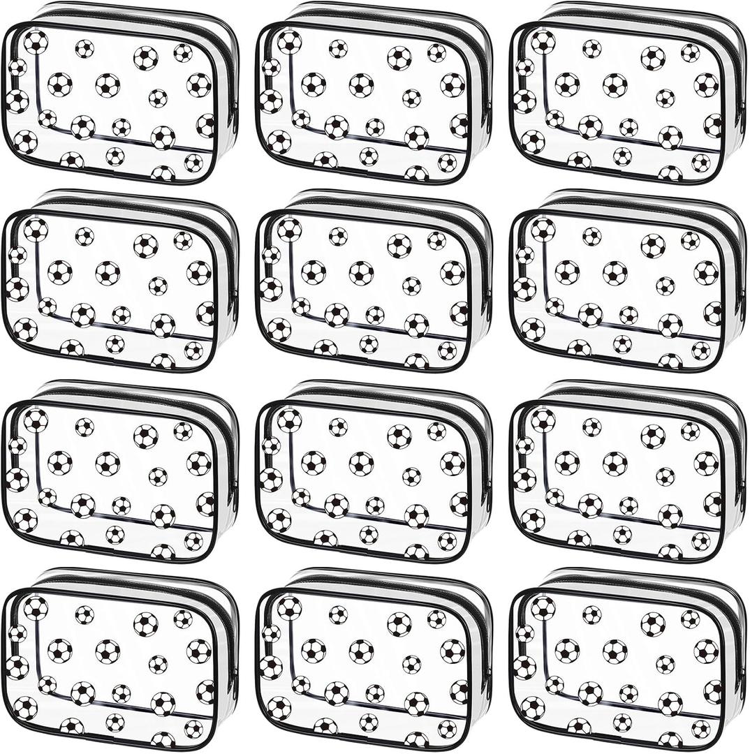 Kacctyen 12 Pcs Soccer Clear Makeup Bag with Zipper Bulk Sport Goodie Clear PVC Pouch Organizer Waterproof Travel Case for Woman Team Gifts Birthday Decorations Supplies