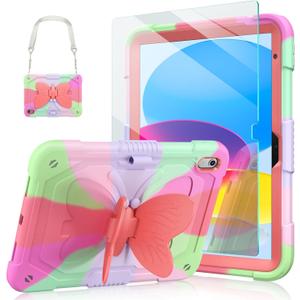 Ambison Case for iPad A16 11th/10th Generation 2025/2022 11''/10.9'' for Kids Girls, with 9H Tempered Glass Screen Protector, Rugged Heavy Duty Protective with Butterfly Stand, Carrying Strap-Rose Red