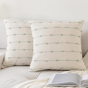 YEENAASY Boho Throw Pillow Covers 18x18 Set of 2 Modern Farmhouse Decorative Cushion Case Tufed Square Pillows Cover Neutral Pillow Cases Accent Pillowcase for Sofa,Couch,Bed,Beige and Green