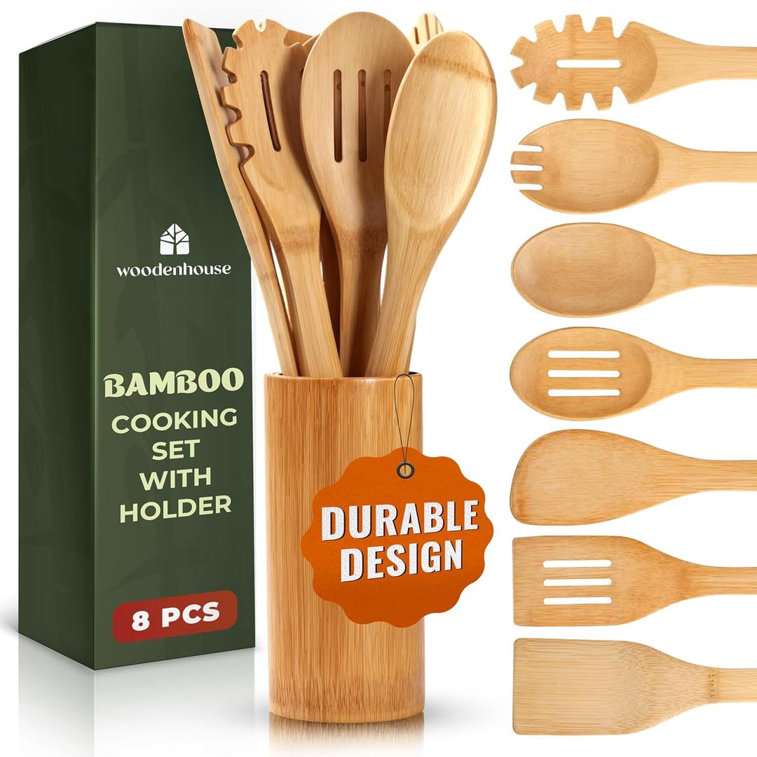 Bamboo Utensils 7 PCs with Holder  Bamboo Cooking Utensils Set + Holder for Nonstick  Wooden Spoon Sets for Cooking  Easy to Clean, Sturdy, Lightweight & Heat Resistant
