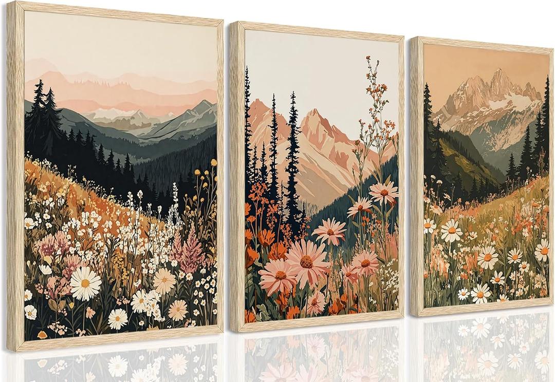 YUFEIART Boho Wall Art Mountain Wall Art OAK Wood Framed Nature Landscape Wall Decor Set of 3 Colorful Wildflower pictures Vintage Floral Canvas Prints Forest Paintings for Living Room Bedroom 16"x20"