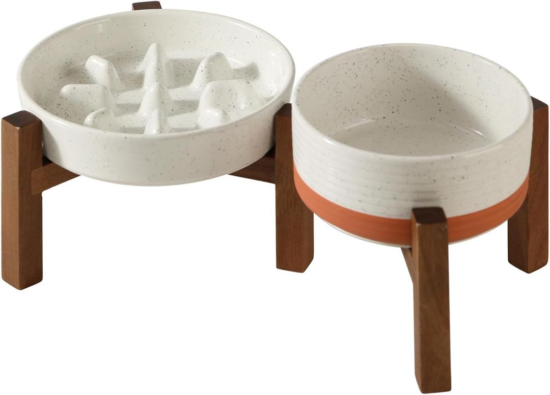 Havniva Ceramic 1.2 Cup Raised Slow Feeder Dog Bowl Set, Elevated 6.1inch Bowl and 7.3inch Slow Feeder Dish with Acacia Wood Stand for Small and Medium Dogs (2 x Vanilla White+ Stand)