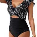 B2prity One Piece Swimsuits for Women Ruffle Sleeve V Neck Bathing Suit Tummy Control Cutout Monokini Slimming Swimwear (X-Small, Black)