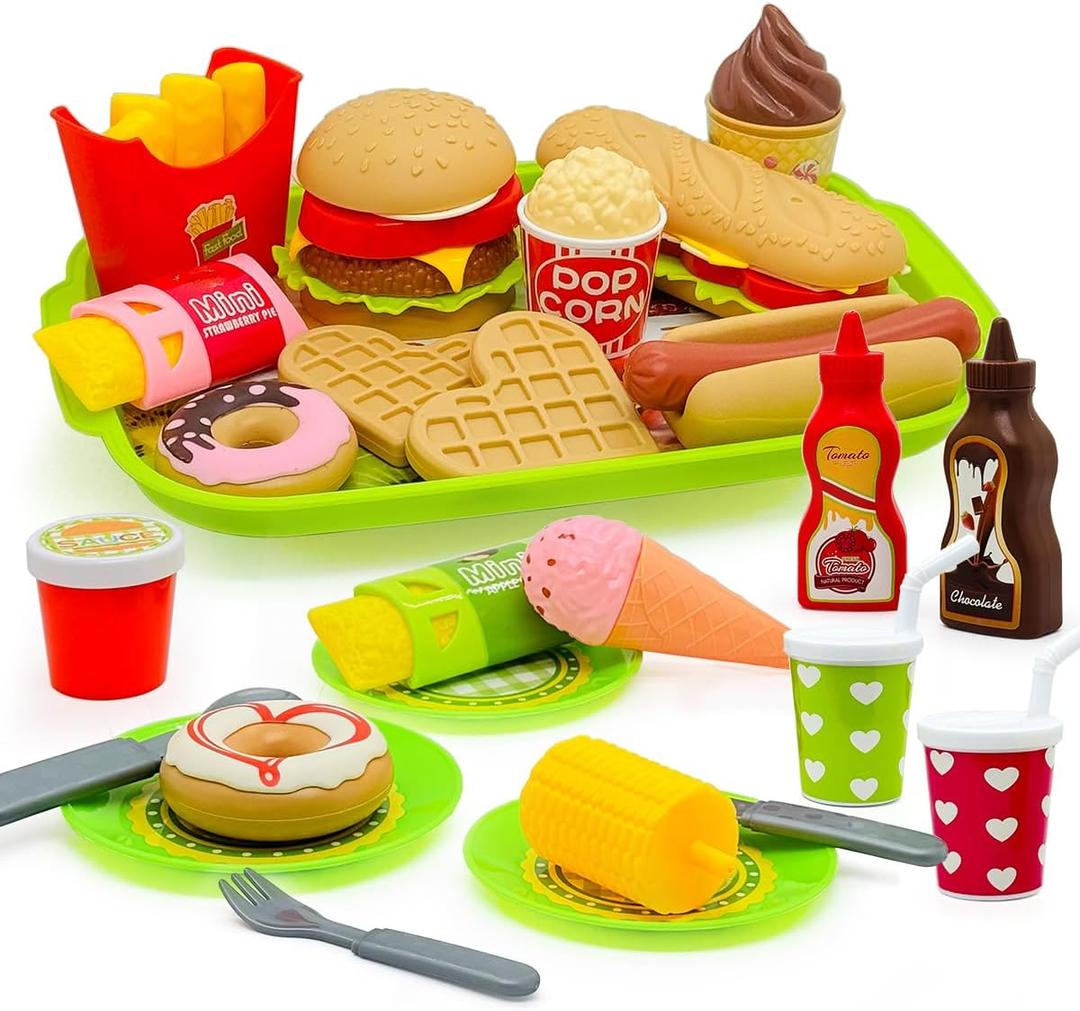 26PCS Pretend Play Kitchen Food Set - Dessert Toys with Hamburger, Hot Dog, Fries, Drink & Tray Detachable Play House Kitchen Accessories Role Play Toys Gift for Toddlers Boys Girls 3 4 5+ Years Old