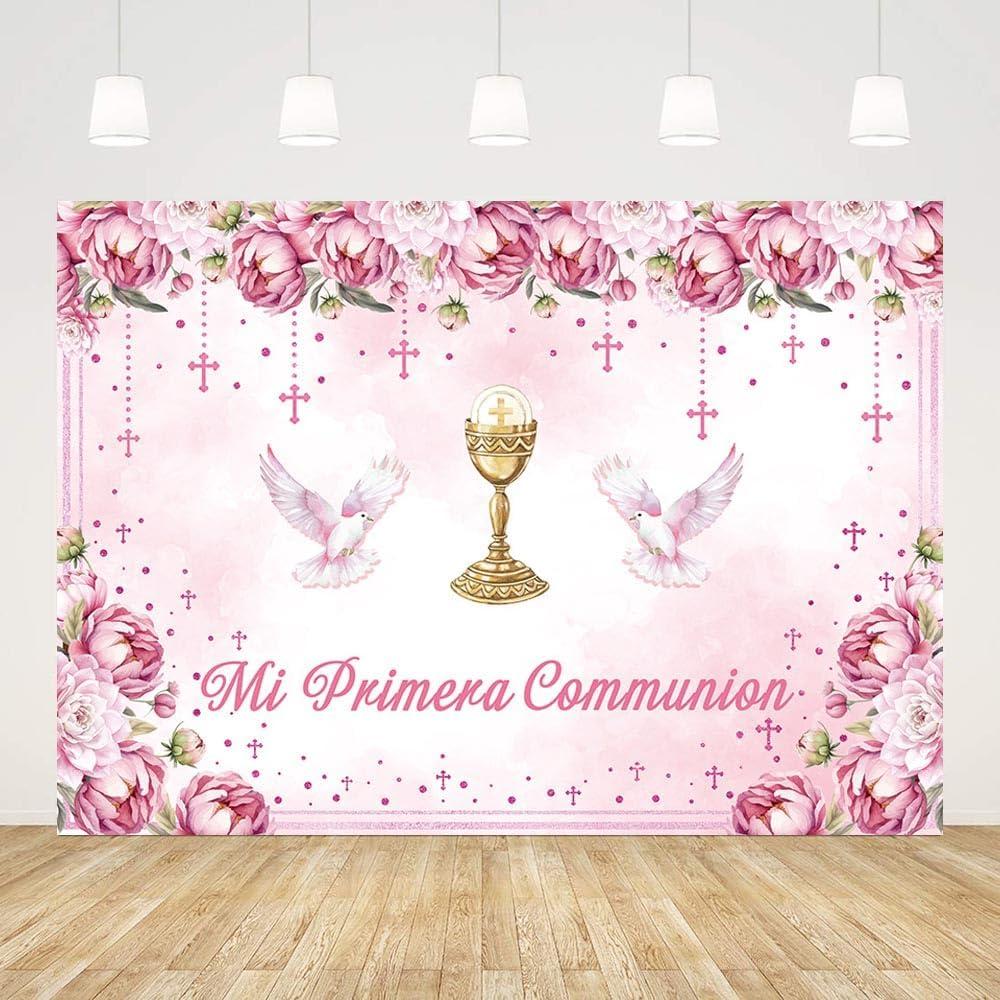 7x5ft Mi Primera Comunion Backdrop for Girl Pink Baptism Christening Photography Background God Bless First Holy Communion Mi Bautizo Floral Party Decorations Banner Photo Props