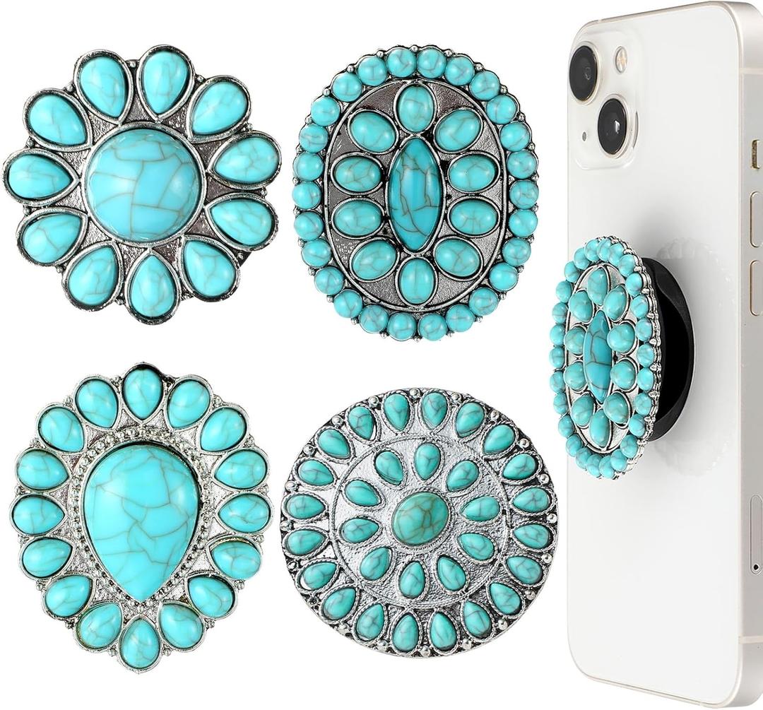 Zonon 4 Pieces Turquoise Western Phone Grip Charm Teardrop Flower for Holder Ring Expandable Collapsible Phone Stand for Smartphones and Tablets(Classic Style)