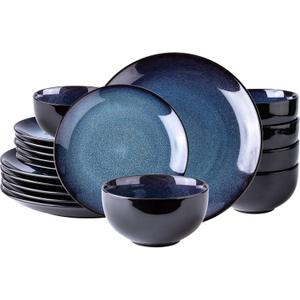 LeRatio Ceramic Dinnerware Sets for 6,Plates and Bowls Sets,Handmade Reactive Glaze Dishes Set,Chip Resistant and Scratch Resistant | Oven&Dishwasher & Microwave Safe-Blue(18PCS)