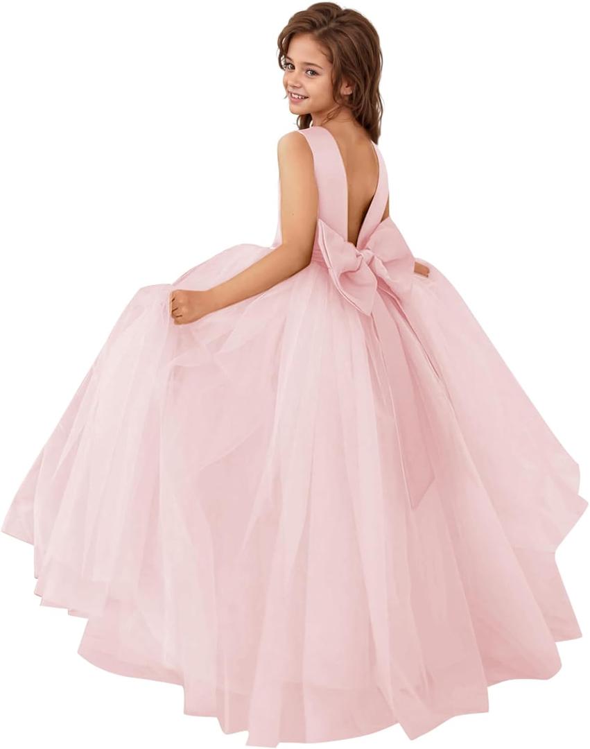 MCieloLuna Flower Girls Satin Tulle Princess Pageant Dress for Wedding Kids Pearls Prom Ball Gowns with Bow-Knot (6, Pink)