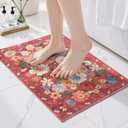 Area Rugs 24x17 Inch Home Decor Entry Rug, Small Door Mat Bath Mats for Bathroom, Ultra-Thin Non Slip Floral Low Pile Tub Mat for Sink Shower Doorway Tub Kitchen Sink (2 x 1.4 ft, Red Garden)