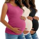 Riyiper 3 Pack Women's Maternity Tank Tops, Sleeveless Cotton Pregnancy Shirts Ribbed Knit Sides Ruched Basic Mama Clothes (Large, Black, Rose Red, Apricot)