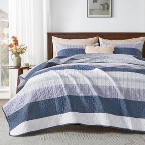 Andency Queen Quilt Bedding Set Mineral Blue, 3 Pieces Patchwork Summer Striped Ultra Soft Lightweight Bedspreads, Coverlets Set with 2 Pillow Shams for All Seasons (90"x96")