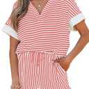 KevaMolly Womens Lounge Sets V Neck Tee and Casual Short Set Casual Pocket Decoration Two Piece Sets (Pink, S)