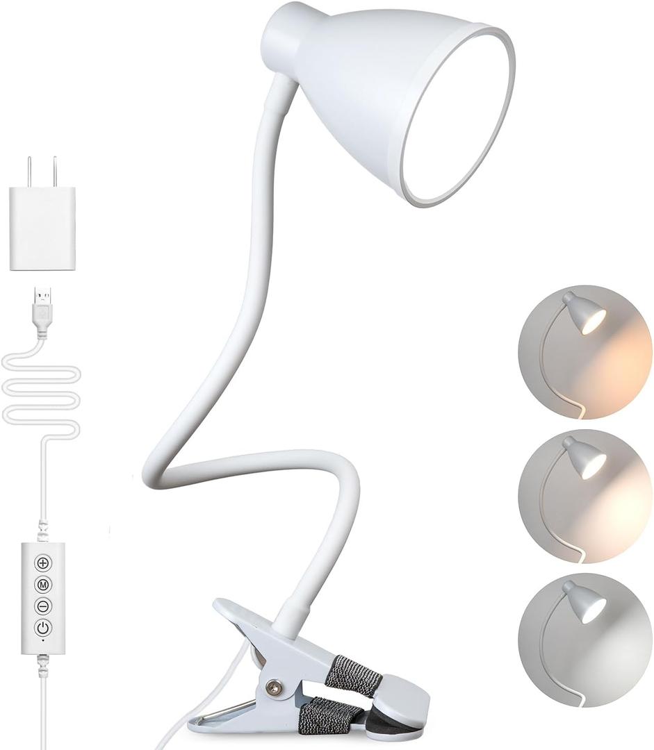 BOHON Clamp Lamp Reading Light 5 Color Modes 10 Brightness Dimmer Bedside Lamp 10W 38 LED Desk Lamp with Auto Off Timer 360 Flexible Gooseneck Clip on Light for Bed Office, Adapter Include, White