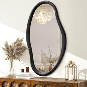 JJUUYOU Irregular Wall Mirror Black Asymmetrical Wooden Mirror 30"x18" Large Home Decorative Wall Mounted Vanity Mirrors for Bathroom Dressing Room Living Room