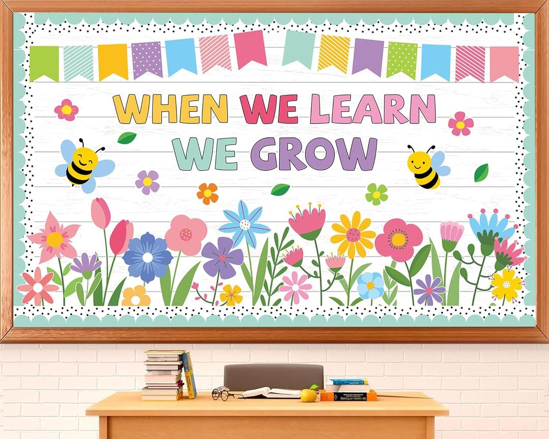 Spring Bulletin Board Set Spring Classroom Decorations When We Learn We Grow Inspirational Bulletin Board Flower Cutouts Wall Decor for School Office Chalkboard Window Door Decor Supplies