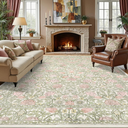 GarveeHome Pink and Green Vintage Floral Washable Rugs 8x10 for Living Room Boho Retro Botanical Rug Low Pile Stain Resistance Non Slip Carpet for Bedroom Nursery Dining Room