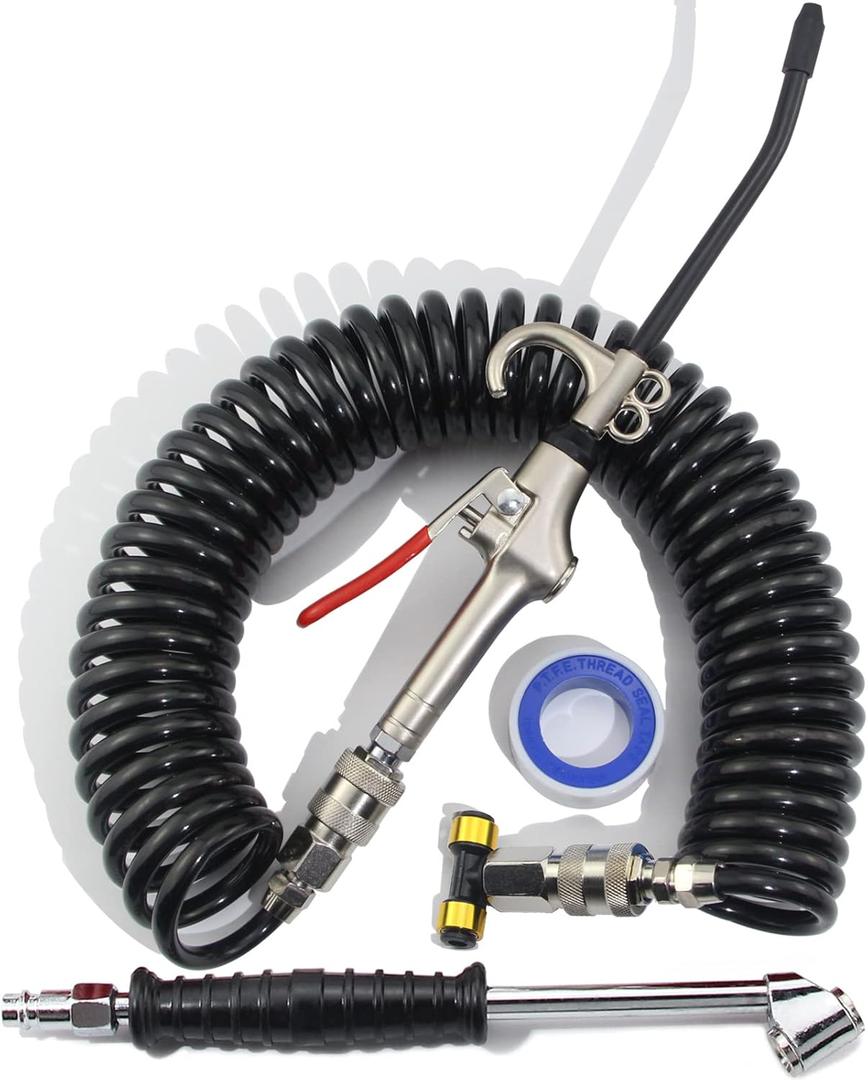 iBroPrat Air Blow Gun Kit,Heavy Duty Air Seat Blow Gun Kit for Semi Truck Air Hose with 30FT Long Coil and Extended Dual Head Tire Air Chuck Black