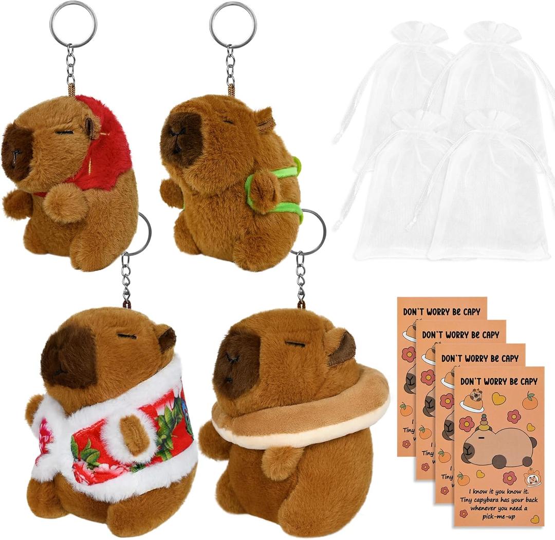 12 Pcs Valentine's Capybara Ornaments and Party Favors, 4 Plush Keychains 4 Organza Bags 4 Greeting Cards, Cute Capybara Gift Set for Women Friends, Adult Birthday Valentine's Day Party Supplies