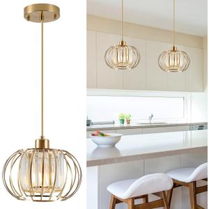 XSDeTu Gold Pendant Light Fixture, Modern Crystal Pendant Lights Kitchen Island, 1-Light Farmhouse Mini Chandelier, Adjustable Brass Hanging Light Fixture for Hallway, Bedroom, Dining Room