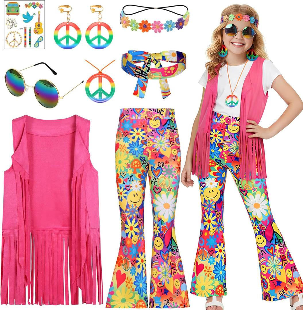 Koatobbor Hippie Costume for Girls Kids 60s 70s Hippie Outfits Set Halloween Party Dress Up 4-6Y