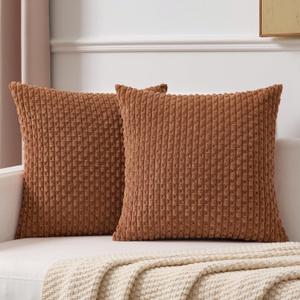 Kevin Textile Fall Decorative Pillow Covers Set of 2 Striped Plush Corduroy Pillows Pillowcases Boho Home Decor Cushion Covers for Couch Sofa Bed Living Room 20x20 Inch, Burnt Orange