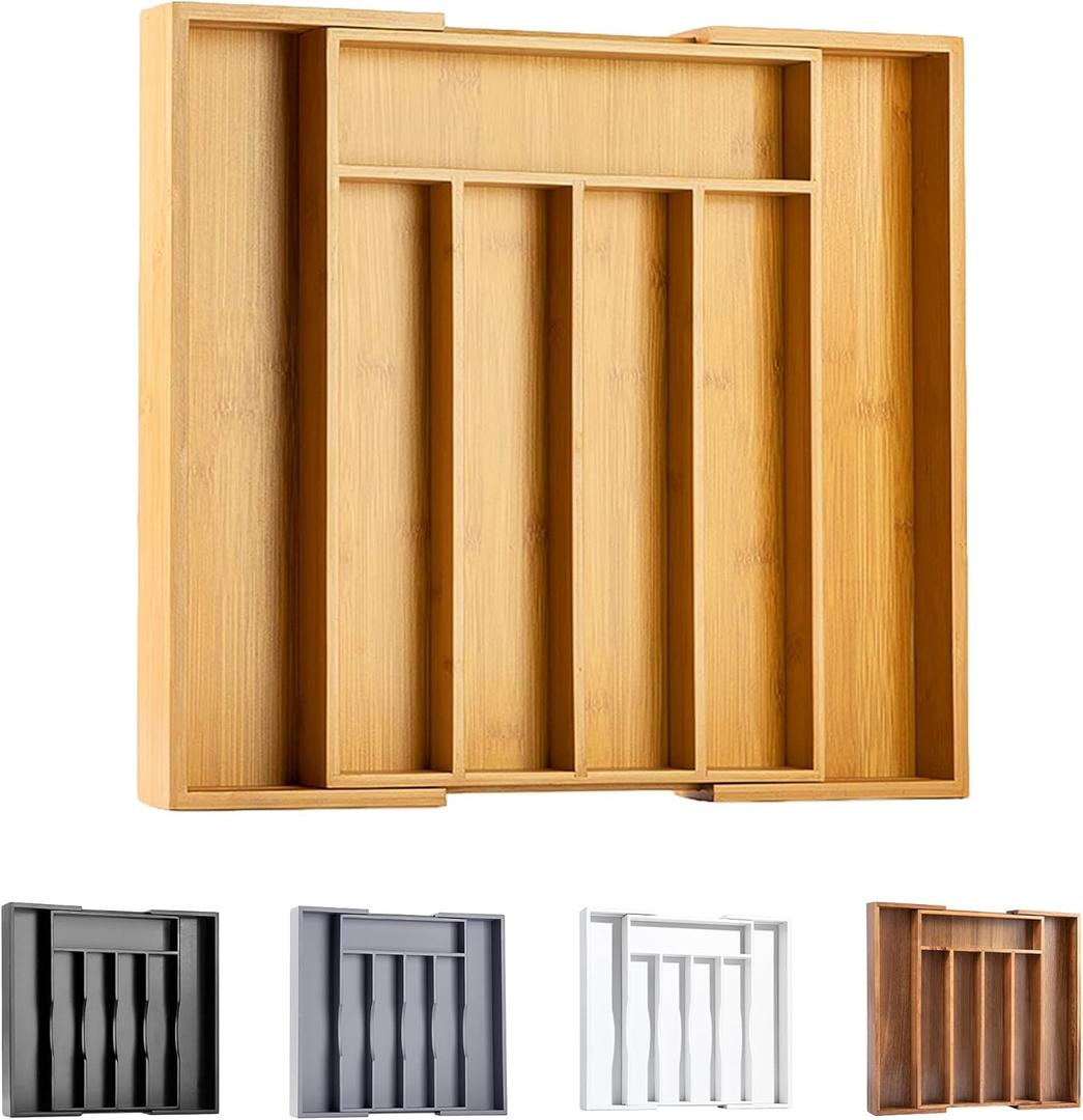 Bellsal Silverware Organizer Kitchen Drawer Organizer Expandable Bamboo Utensil Holder Cutlery Tray for Kitchen Utensil and Flatware Bedroom Office (7 Slots Expandable, Nature)
