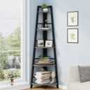 BON AUGURE Rustic Tall Corner Bookshelf, 5 Tier Wood and Black Metal Corner Ladder Shelf, Industrial Corner Bookcase and Gray Corner Shelf for Living Room, Bathroom, Kitchen (Dark Gray Oak)