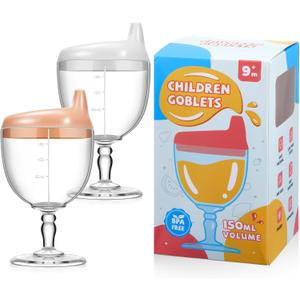 Lallisa 2 Pack Baby Wine Sippy Cup Spill Resistant Wine Glass Sippy Cup for Toddlers Stemware Design Baby Bottle Glass Plastic Goblet with Lid for Kids Daily Birthday Party(Pink, White)