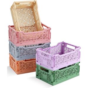 6 Pack Small Pastel Plastic Storage Baskets,Mini Collapsible Storage Bins for Desk Drawer Organizer,Colorful Folding Crates for Craft Supplies,Space Saving Containers for Home Office Dorm(8.6×5.8×3.5)
